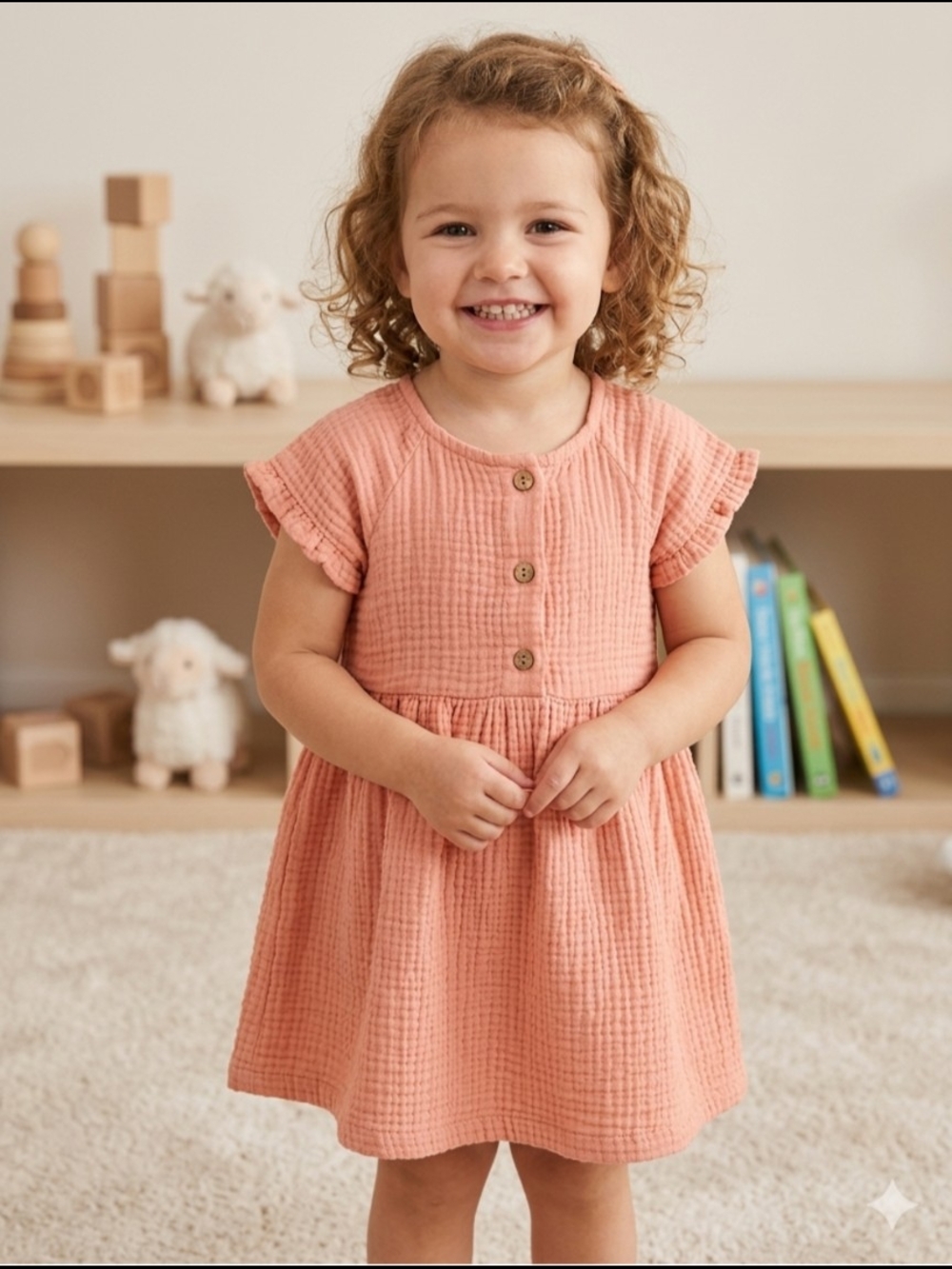 Zara Coral Pink Cotton Gauze Dress with Button Front Size 3/4 Years